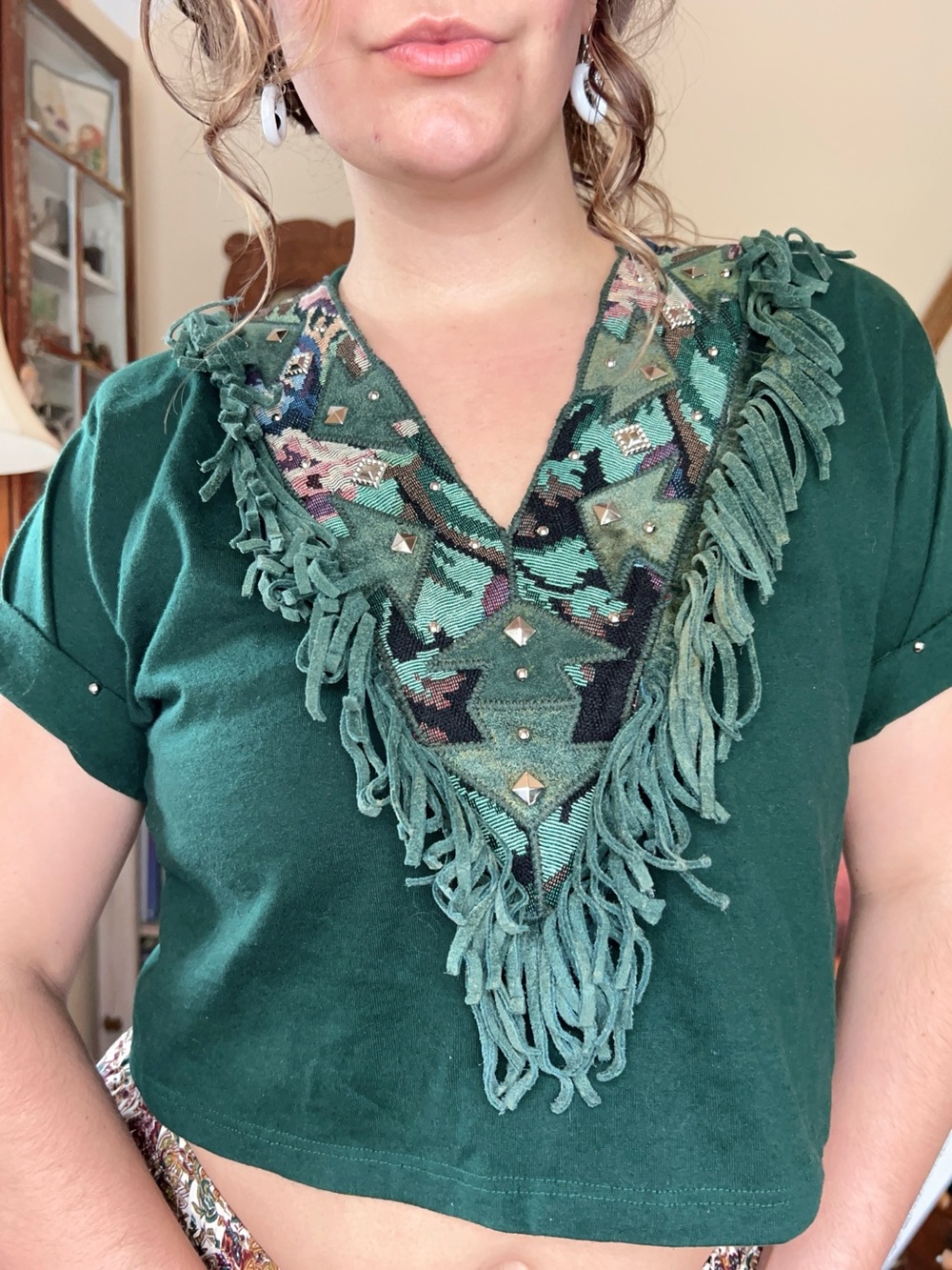 Vintage 80s Green Suede Fringe Top Cropped Aztec Tapestry Studded Western - Picture 3 of 11